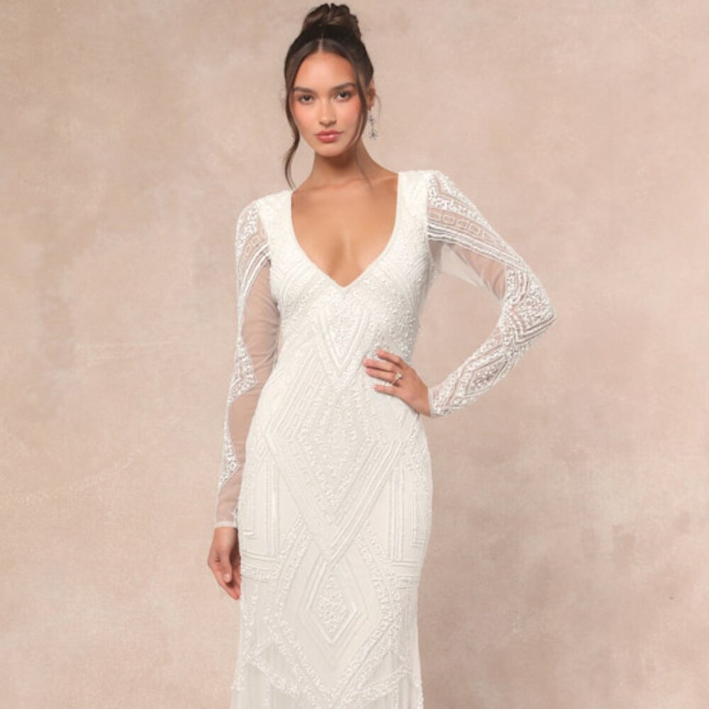 Lulus Deedra White Sequin Beaded Backless Maxi Dress - Size M